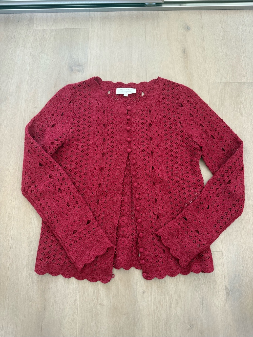 Sezane Red Crochet Button-Front Sweater Cardigan